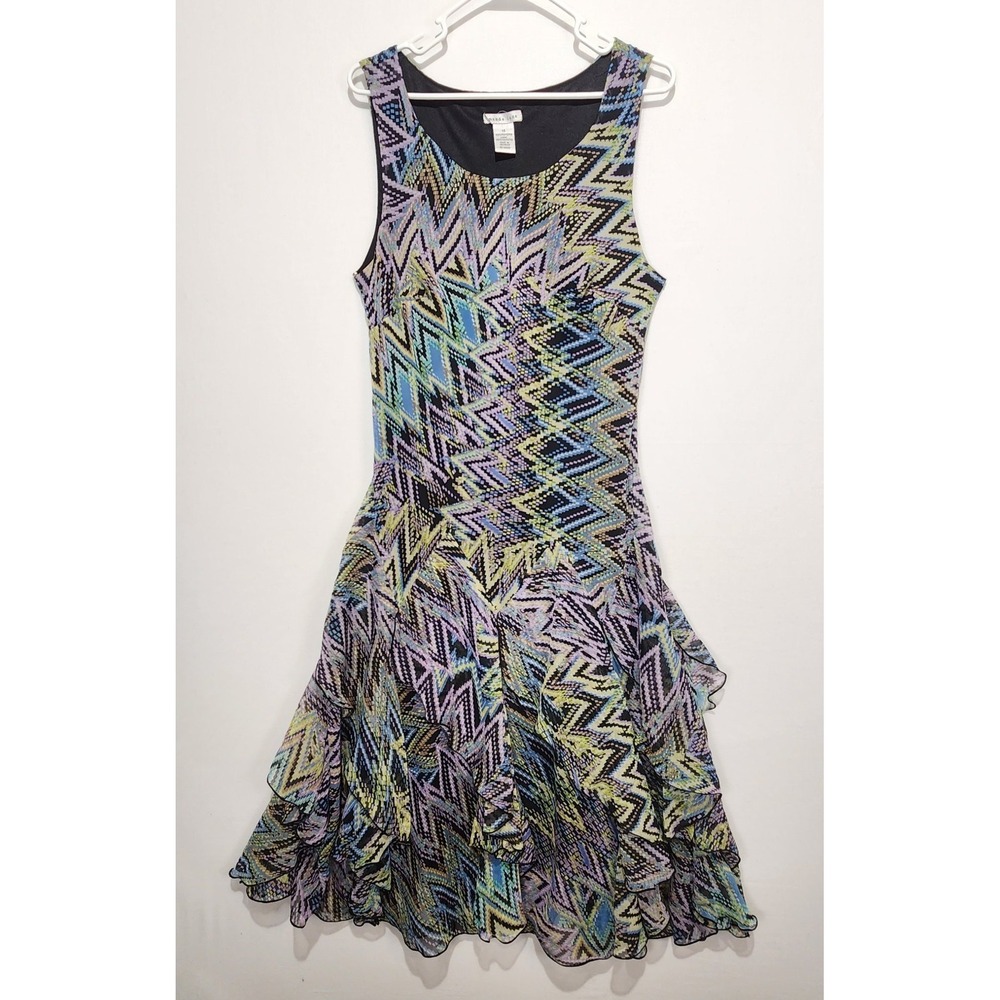 Amanda Lane Women's‎ Y2K Flowy Ruffle Multicolor Elegant Dress Size 14